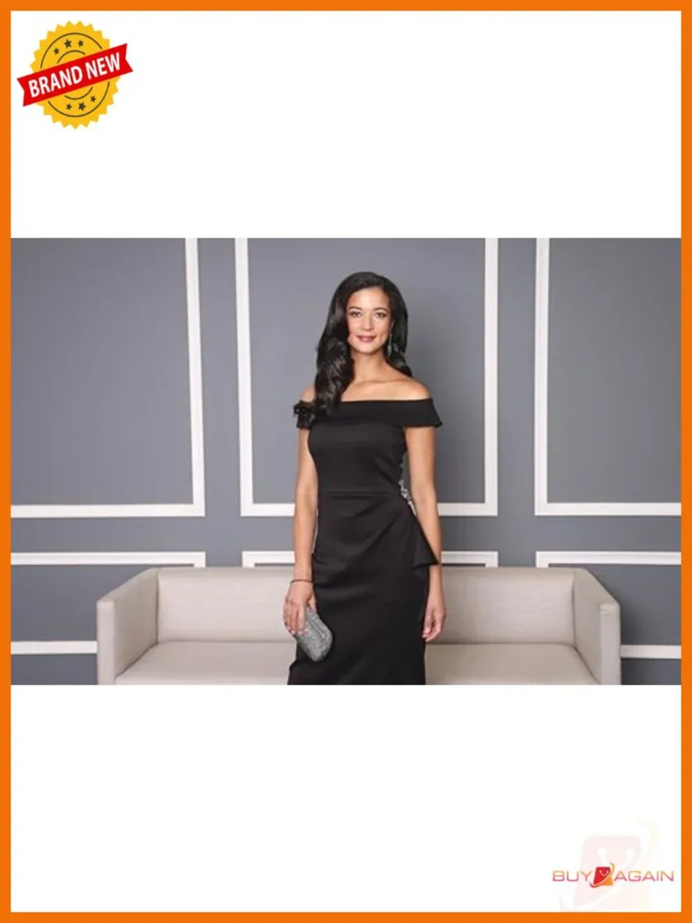 Stretch Scuba Crepe Off Shoulder Formal Sheath Dress Beaded Hip